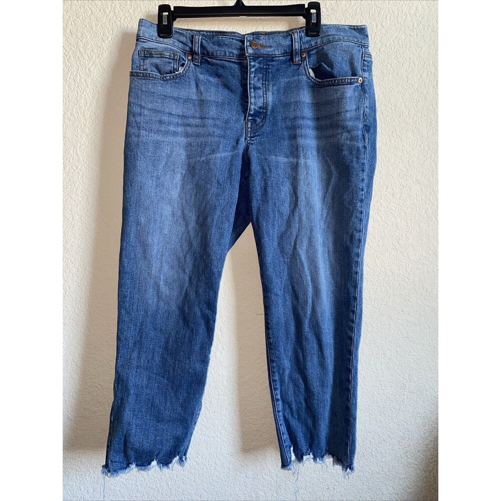 Loft Boyfriend Button Fly Distressed Raw Hem 12 Jeans Mom Stretch City Grunge